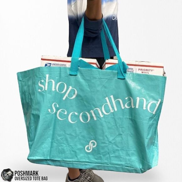 POSHMARK SHOP SECONDHAND OVERSIZED DOUBLE-HANDLE TOTE BAG IN TURQUOISE BLUE NEW - Picture 5 of 6